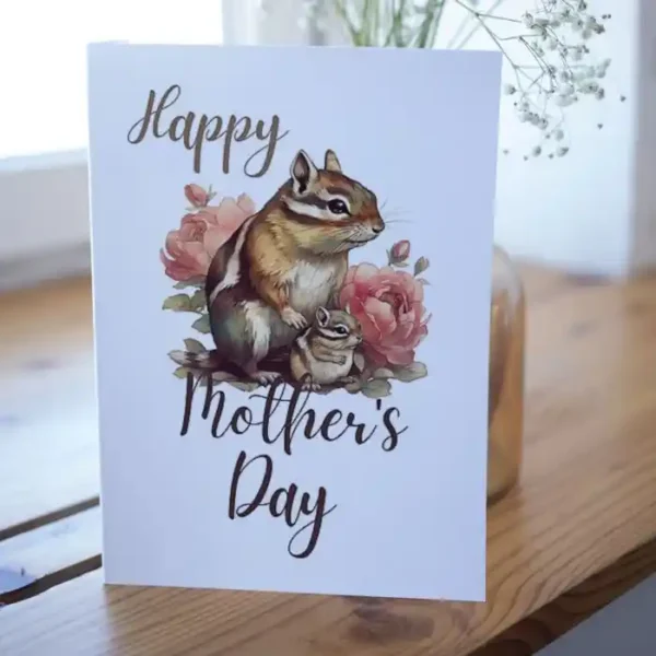 Whimsical Mother's Day card showcasing a chipmunk and blooming flowers, ideal for a heartfelt message.