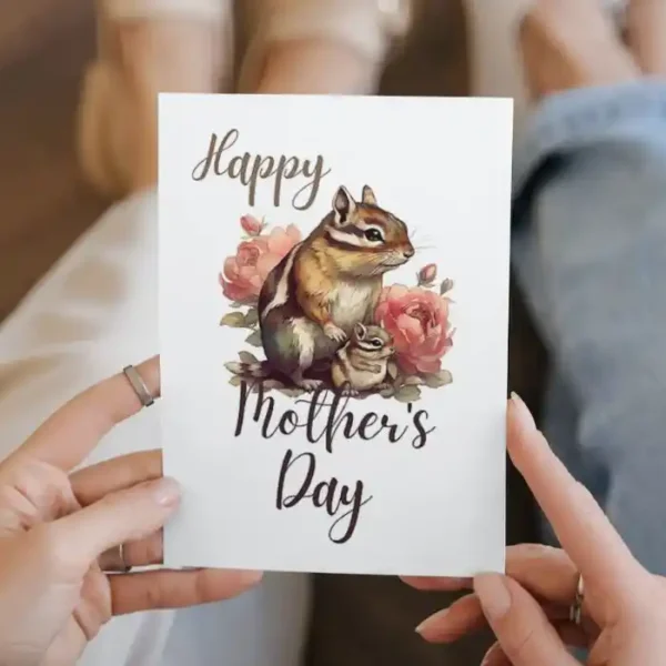 Sweet printable Mother's Day card with a playful chipmunk and cheerful flowers.