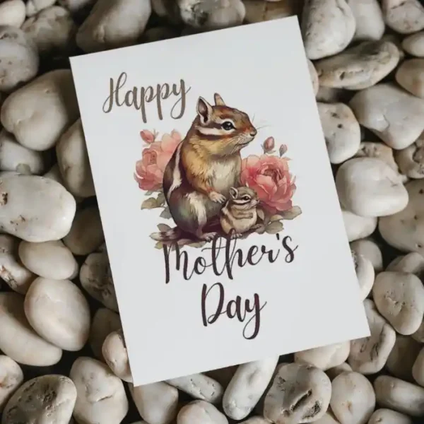 Printable Mother's Day card featuring a cute chipmunk surrounded by colorful flowers.