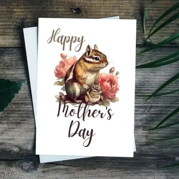 Adorable chipmunk-themed Mother's Day card adorned with lovely flowers, ready for printing.