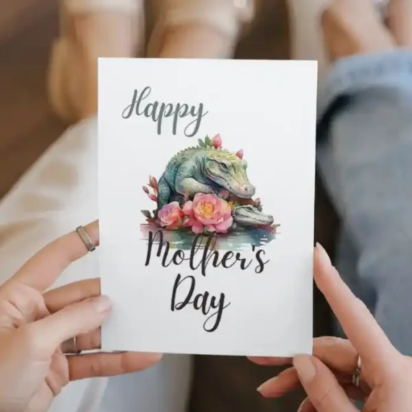 Whimsical Mother's Day card showcasing a crocodile and blooming flowers, ideal for a printable gift.