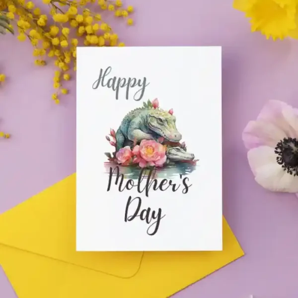 Cute crocodile-themed Mother's Day card adorned with vibrant flowers, perfect for printing.
