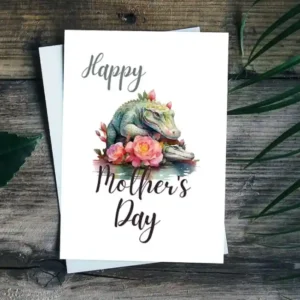 Adorable Mother's Day card with a smiling crocodile and a bouquet of flowers, ready for printing.