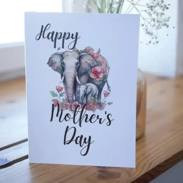 Sweet Mother's Day card design with an elephant and floral accents, ready for printing.
