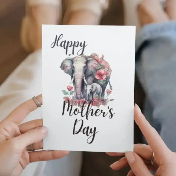 Delightful printable Mother's Day card featuring an elephant and cheerful flowers.