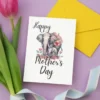 Printable Mother's Day card featuring a cute elephant surrounded by colorful flowers.