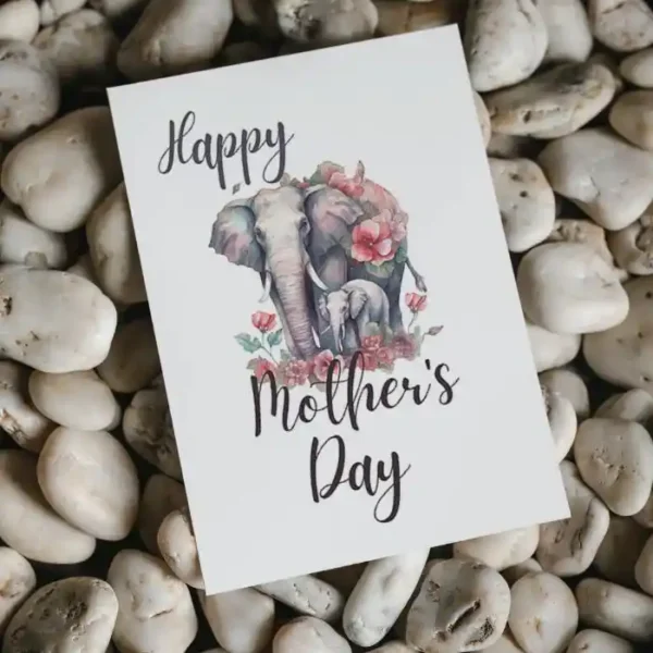 Adorable Mother's Day card with an elephant and vibrant flowers, perfect for printing.