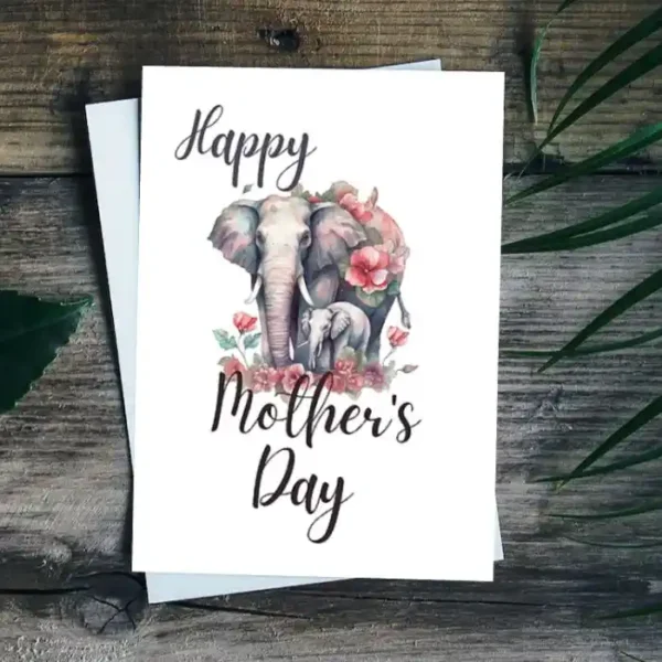 Charming printable card for Mother's Day, showcasing an elephant and a bouquet of flowers.