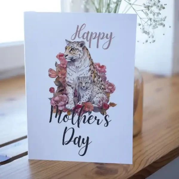 Colorful printable card for Mother's Day showcasing a trendy cheetah print, perfect for any mom's special day.