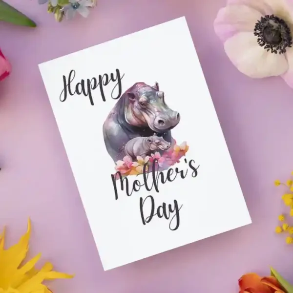Adorable Mother's Day card with a hippo and baby design, ideal for a heartfelt printable gift.