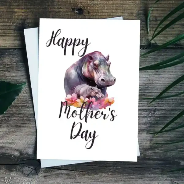 Fun printable Mother's Day card featuring a hippo and its baby, a lovely choice for celebrating moms.