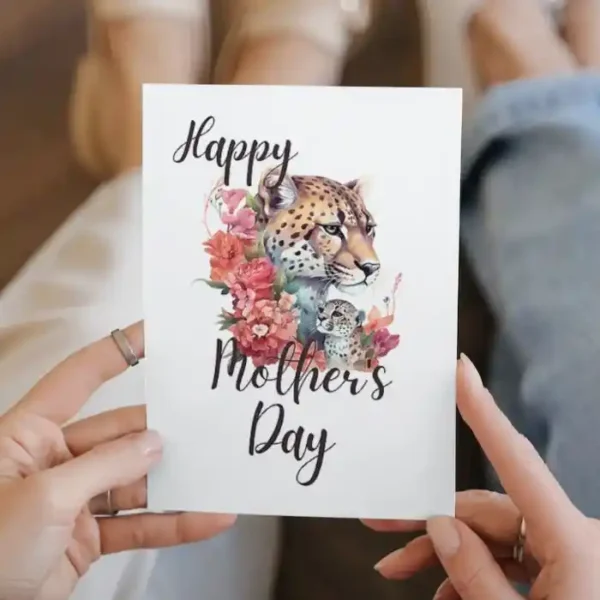 Whimsical leopard Mother's Day card, perfect for printing and expressing love to mothers on their special day.