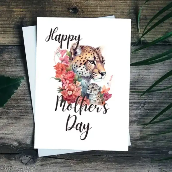 Printable Mother's Day card featuring a playful leopard design, perfect for celebrating moms with a wild touch.