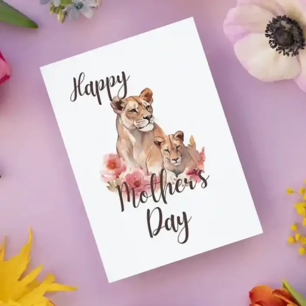 A cheerful Mother's Day card with a lioness and vibrant flowers, ideal for a heartfelt message to mom.