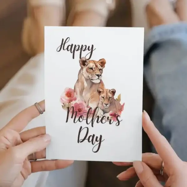 A lovely Mother's Day card design with a lioness and floral accents, perfect for expressing love to moms.
