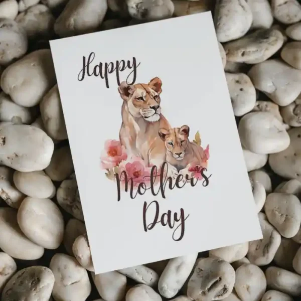 Colorful printable Mother's Day card featuring a lioness and flowers, a sweet tribute to mothers everywhere.
