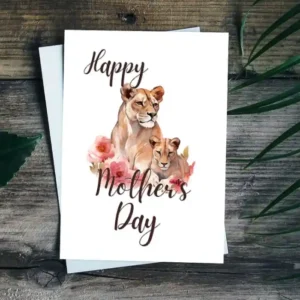 Printable Mother's Day card featuring a lioness surrounded by colorful flowers. Perfect for celebrating moms!