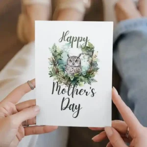 Printable Mother's Day card with a watercolor owl, surrounded by a peaceful forest setting.