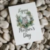 Delightful watercolor owl card for Mother's Day, featuring a lovely forest backdrop, perfect for printing.