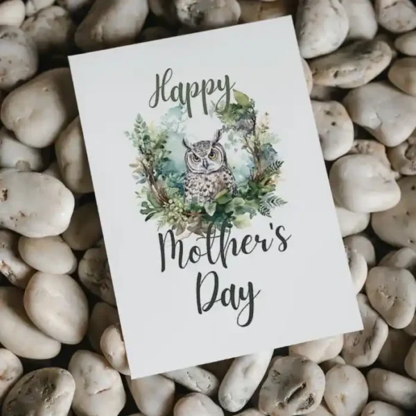 Delightful watercolor owl card for Mother's Day, featuring a lovely forest backdrop, perfect for printing.