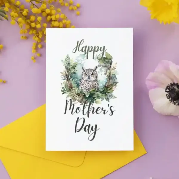 Whimsical watercolor owl on a printable Mother's Day card, nestled in a beautiful forest environment.
