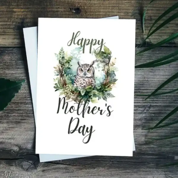 Watercolor owl design on a printable Mother's Day card, featuring a serene forest background.