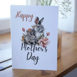 Delightful watercolor card for Mother's Day, showcasing a rabbit, designed for easy printing and heartfelt messages.