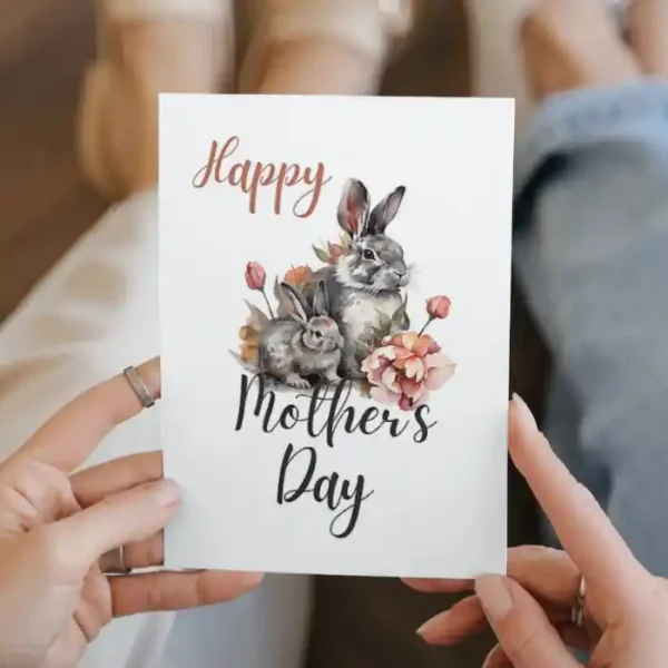Adorable watercolor Mother's Day card featuring a rabbit, perfect for printing and sharing love with moms.