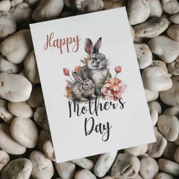 Whimsical watercolor card for Mother's Day, highlighting a rabbit, great for printing and celebrating mothers.