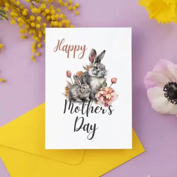 Watercolor printable Mother's Day card featuring a cute rabbit design, perfect for celebrating moms.