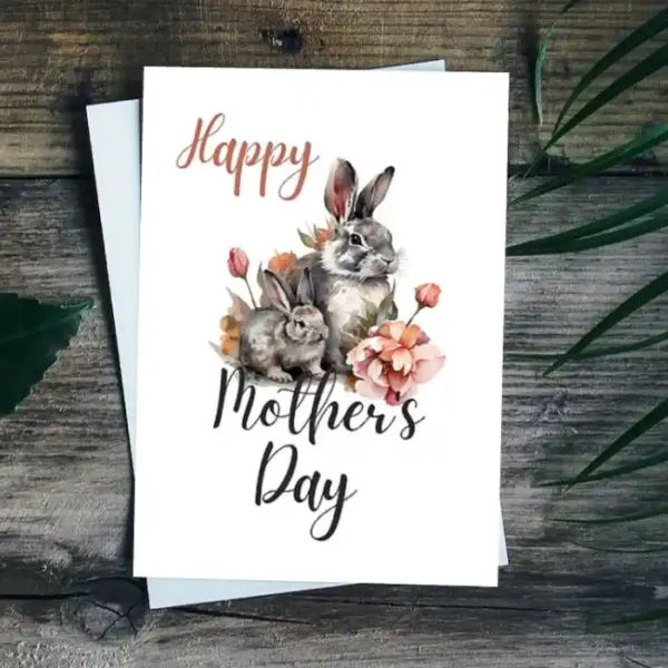 Charming watercolor Mother's Day card with a rabbit illustration, ideal for printing and gifting to mothers.