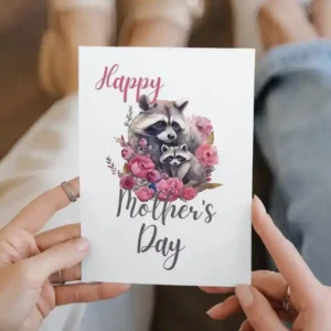 Playful raccoon with colorful flowers, showcased on a printable Mother's Day card, ideal for expressing love to moms.