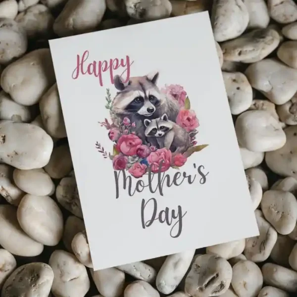 Sweet raccoon mom surrounded by flowers, perfect for a printable Mother's Day card to delight and celebrate mothers.