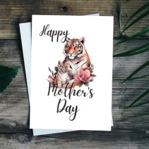 Cute tiger and baby illustration for a printable Mother's Day card, celebrating the bond between mother and child.