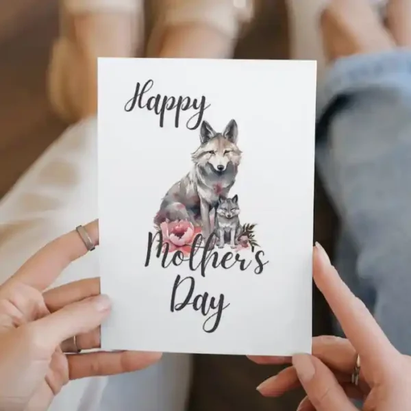 Charming Mother's Day card design with a wolf and floral accents, perfect for a heartfelt printable gift.