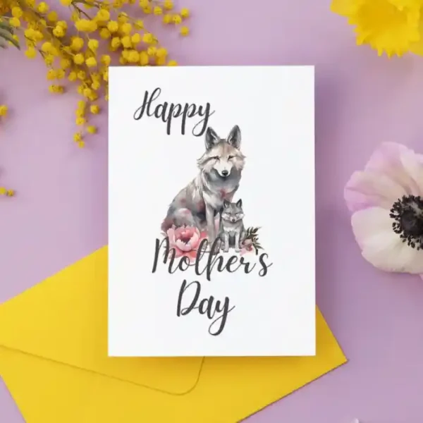 Sweet printable Mother's Day card featuring a wolf and lovely flowers, a delightful way to honor moms.