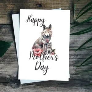 Printable Mother's Day card featuring a cute wolf surrounded by colorful flowers. Perfect for celebrating moms!