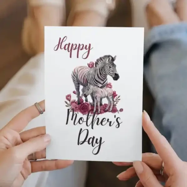 Printable Mother's Day card featuring a zebra surrounded by colorful flowers. Perfect for celebrating moms!