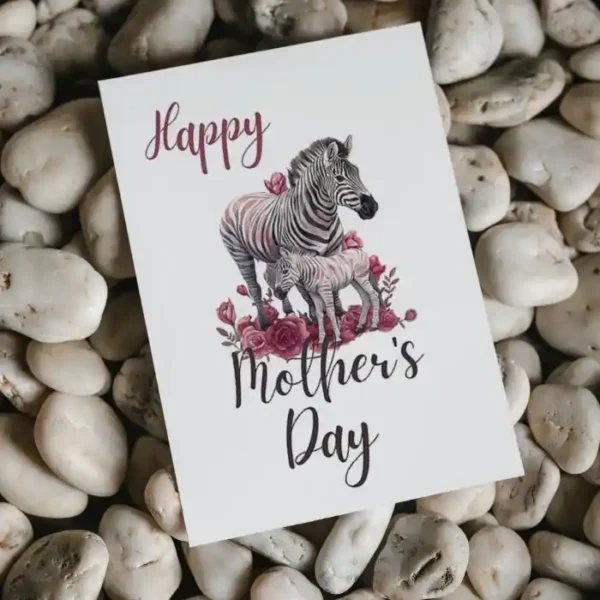 A cheerful printable Mother's Day card with a zebra design and vibrant flowers, ideal for expressing love to moms.