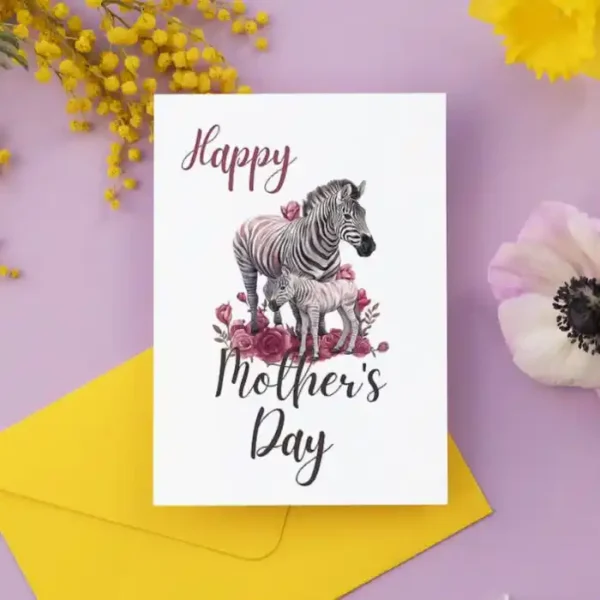 Cute printable Mother's Day card showcasing a zebra and blooming flowers, a delightful way to honor mothers.