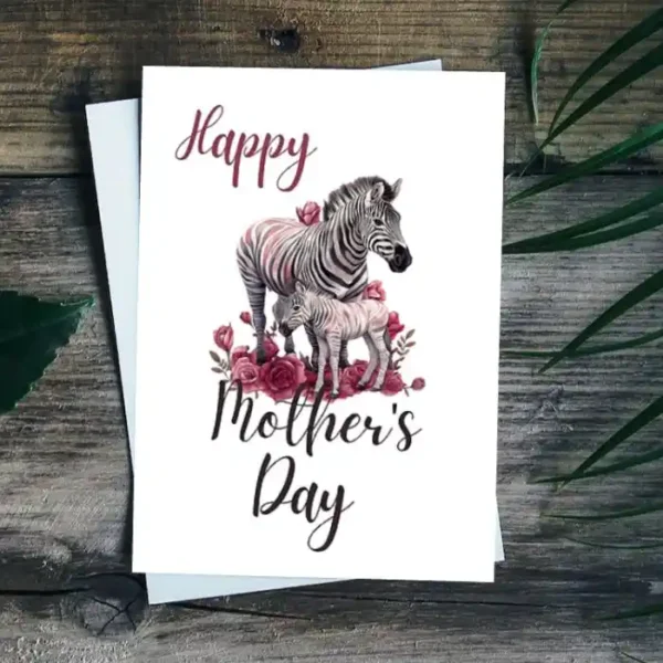 A whimsical printable Mother's Day card with a zebra and floral accents, perfect for showing appreciation to moms.