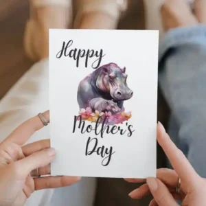 Printable Mother's Day card featuring a cute hippo and its baby, perfect for celebrating moms.