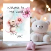 Adorable watercolor card with a mouse and pink flower, greeting a new baby with "Welcome to the world, little one!"
