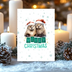Printable Christmas card with two otters in Santa hats and a snowy winter background