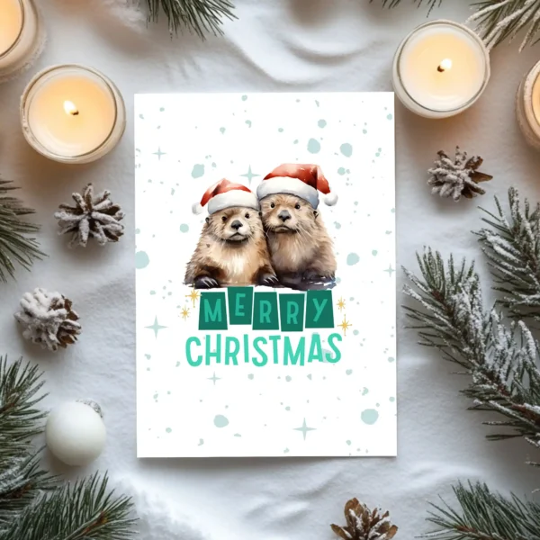 Festive otters sharing holiday cheer under snowfall, captioned “Merry Christmas”