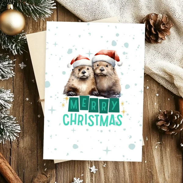 Digital Christmas card with two smiling otters in Santa hats and snow-covered background
