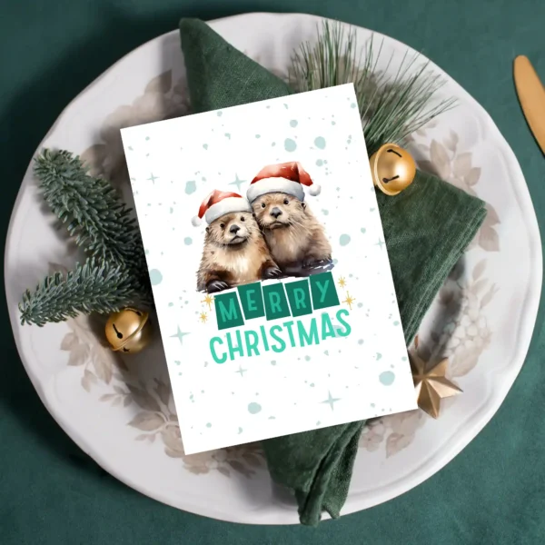 Adorable otter pair dressed for Christmas with snowflakes and festive hats.