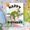 Watercolor dinosaur birthday card with Parasaurolophus and “Happy Birthday” text