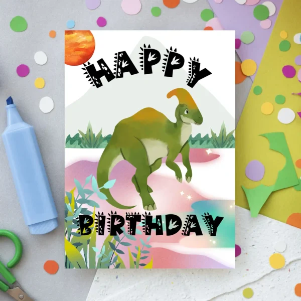 Watercolor dinosaur birthday card with Parasaurolophus and “Happy Birthday” text