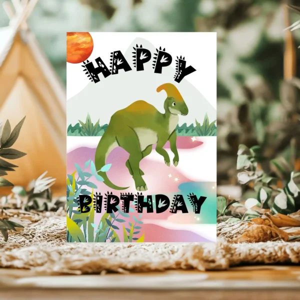 Printable kids birthday card featuring a Parasaurolophus in a bright landscape